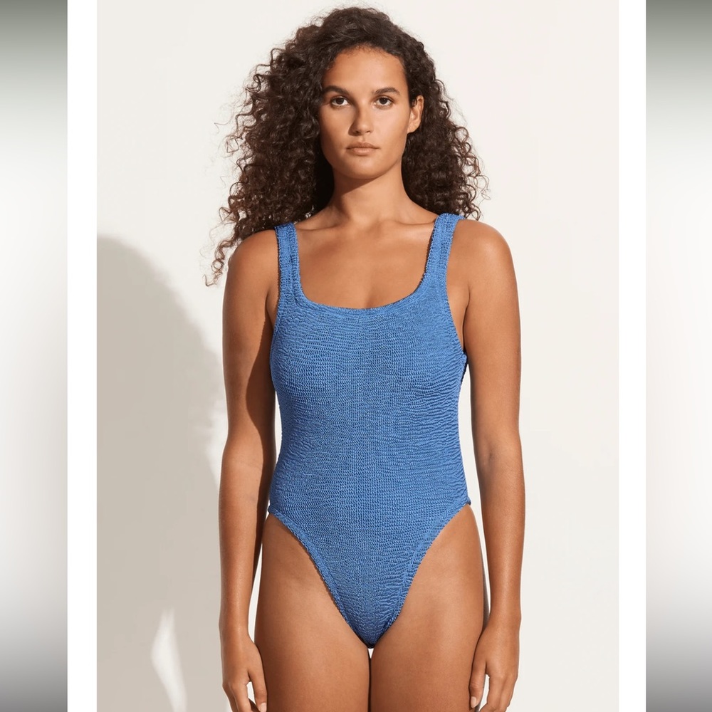 Hunza G Square neck one piece swimsuit crinkle stretch swim textured blue